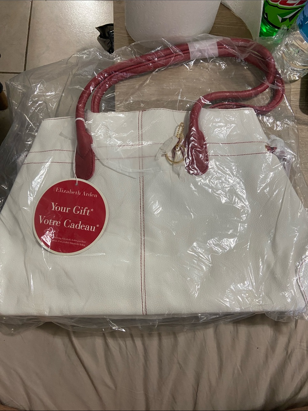 Vintage Elizabeth Arden Tote Bag Large Travel Shopping Off White & Red New NWT